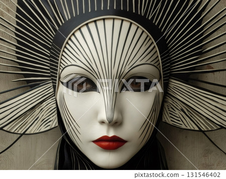 Artistic portrait of a model showcasing avant garde makeup and an intricate black and white headdress, creating a striking visual for fashion and beauty concepts 131546402