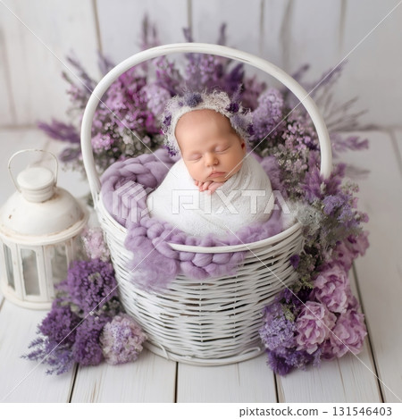 Newborn baby girl wearing a flower crown sleeping peacefully, wrapped in a white blanket, inside a white wicker basket decorated with purple flowers and a white lantern on a white wooden floor 131546403