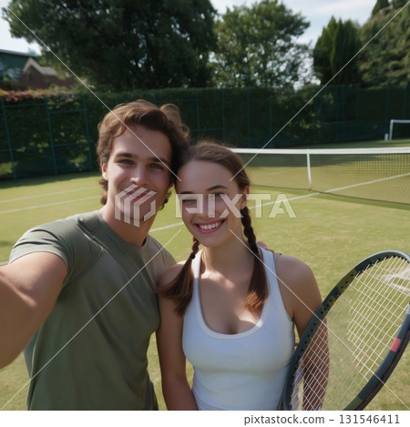 Young tennis players taking a selfie on the court after a friendly match, celebrating their shared love for the sport and each other's company on a sunny day 131546411