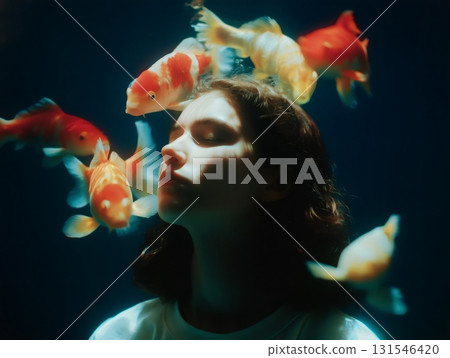 Surreal underwater portrait of a young woman with closed eyes, meditating serenely amidst colorful koi fish, creating a tranquil and dreamlike atmosphere 131546420
