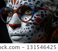 Close up of a model showcasing creative snow leopard makeup and stylish eyeglasses, highlighting the fusion of fashion and wildlife inspired aesthetics in a beauty campaign 131546425