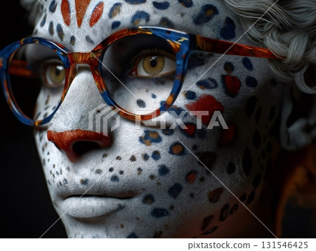 Close up of a model showcasing creative snow leopard makeup and stylish eyeglasses, highlighting the fusion of fashion and wildlife inspired aesthetics in a beauty campaign 131546425