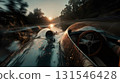 First person view of driving a vintage sports car at high speed on a wet track, splashing water as the sun sets, creating a thrilling and nostalgic atmosphere 131546428