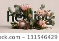 King protea, carnation flowers, and eucalyptus leaves are surrounding and decorating a 3d rendering of the word healing conveying a sense of peace and well being 131546429