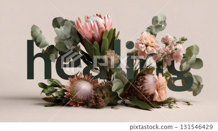 King protea, carnation flowers, and eucalyptus leaves are surrounding and decorating a 3d rendering of the word healing conveying a sense of peace and well being 131546429