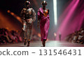 Two stylish robots walking down a runway during a futuristic fashion show, showcasing innovative designs and the integration of technology and style 131546431