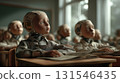In a futuristic classroom, child robots are attentively learning, showcasing the potential of artificial intelligence in transforming education and shaping future generations 131546435