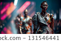 Robot model strutting down a catwalk in a futuristic fashion show, highlighting cutting edge designs and advanced technology, blending style with innovation and elegance 131546441
