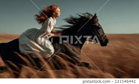 Redhead woman wearing historical dress riding bareback a black horse galloping through a field of wheat creating motion blur in golden hour light 131546442