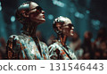 Two fashionable robots wearing sunglasses are attending a fashion show in a futuristic setting, showcasing the integration of artificial intelligence and style 131546443