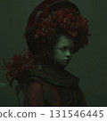 Captivating young girl wearing an extravagant red flower headdress and an elegant victorian style dress, creating a mesmerizing atmosphere against a deep green backdrop 131546445