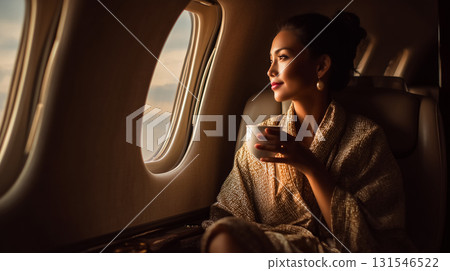一位老練的女人在私人飛機上凝視著窗外 131546522