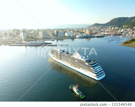 Aerial view of the cruise ship Seven Seas Explorer calling at Hakodate Port in Hakodate, Hokkaido in autumn 131546548