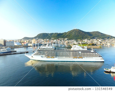 Aerial view of the cruise ship Seven Seas Explorer calling at Hakodate Port in Hakodate, Hokkaido in autumn 131546549