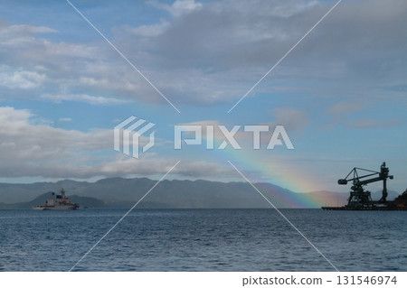 Rainbow, sea, boat and crane Rainbow, sea, boat and crane 131546974