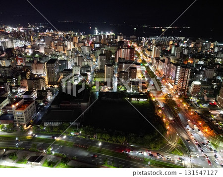 Aerial view of the night view of Perth Street in Kagoshima City from the Kotsuki River Aerial view of the night view of Perth Street in Kagoshima City from the Kotsuki River 131547127