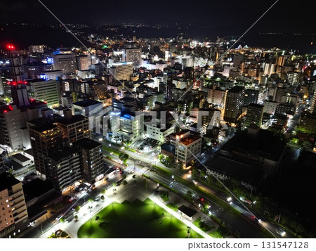 Aerial view of the night view of Yamanokuchi Town in Kagoshima City from the Kotsuki River Aerial view of the night view of Yamanokuchi Town in Kagoshima City from the Kotsuki River 131547128
