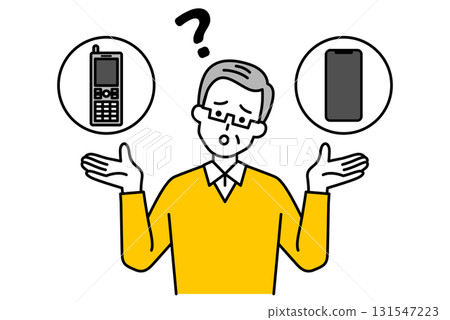 一位老人正在猶豫要選擇智慧型手機還是翻蓋手機 一位老人正在猶豫要選擇智慧型手機還是翻蓋手機 131547223