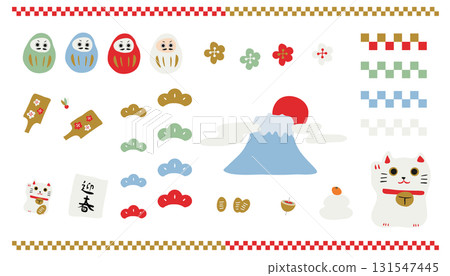 Hand-drawn New Year's illustration set (Mount Fuji, Daruma, Maneki-neko, Kagami-mochi, Pine, Bamboo, and Plum) Hand-drawn New Year's illustration set (Mount Fuji, Daruma, Maneki-neko, Kagami-mochi, Pine, Bamboo, and Plum) 131547445
