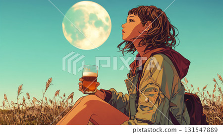 一個女人一邊喝酒一邊看滿月 131547889
