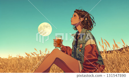 一個女人一邊喝酒一邊看滿月 131547890
