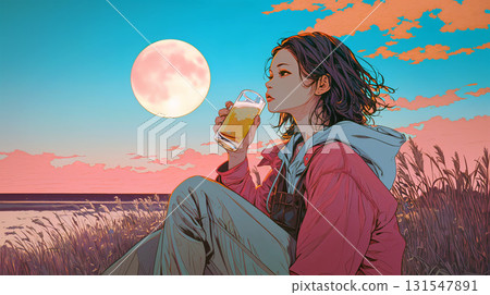 一個女人一邊喝酒一邊看滿月 131547891