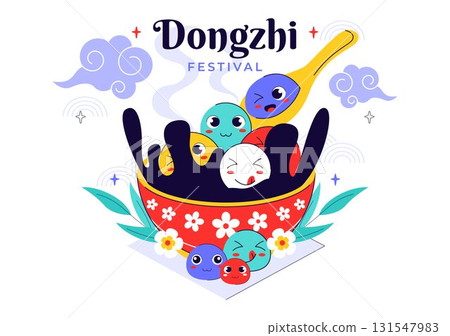 Dongzhi Festival Translation. Winter Solstice Festival Illustration Featuring Traditional Chinese Foods Tangyuan and Jiaozi in a Cultural Background 131547983