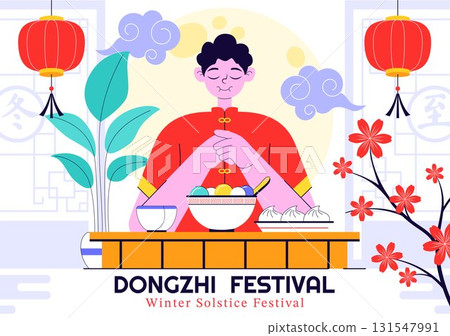 Dongzhi Festival Translation. Winter Solstice Festival Illustration Featuring Traditional Chinese Foods Tangyuan and Jiaozi in a Cultural Background 131547991