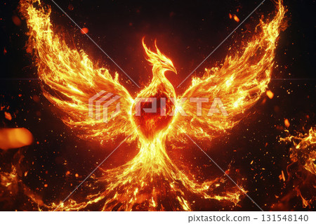 Abstract painting of a phoenix rising from flames. 131548140