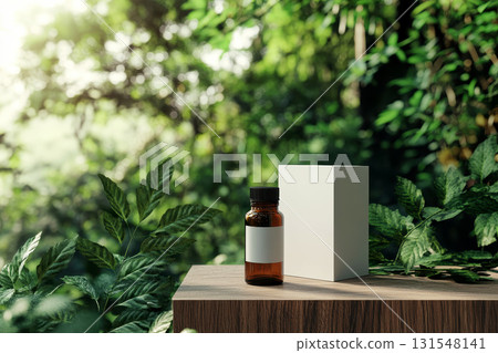Brown glass medicine bottle with white label and cap, isolated on a blank white background. 131548141