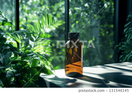 Brown glass medicine bottle with white label and cap, isolated on a blank white background. 131548145
