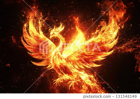 Abstract painting of a phoenix rising from flames. 131548149