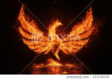 Abstract painting of a phoenix rising from flames. 131548150