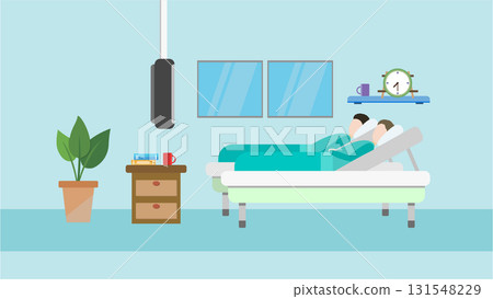Patient resting in hospital bed with medical equipment healthcare  131548229