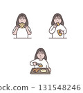 Illustration set of a woman buying and eating bread 131548246