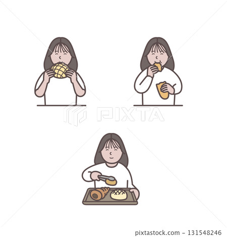 一名婦女購買和吃麵包的插圖集 一名婦女購買和吃麵包的插圖集 131548246