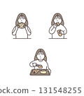 Illustration set of a woman buying and eating bread 131548255
