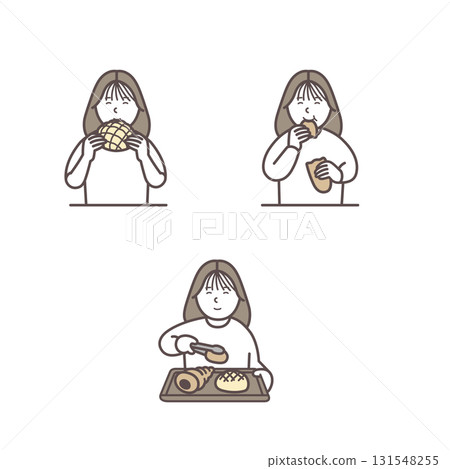 一名婦女購買和吃麵包的插圖集 一名婦女購買和吃麵包的插圖集 131548255