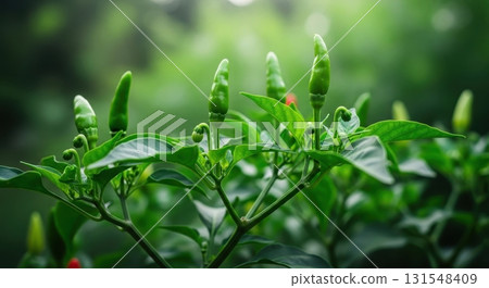 Close up of fresh green chili peppers growing on a vibrant plant in an organic garden 131548409