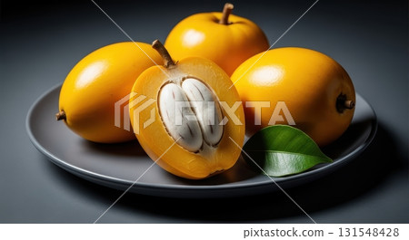 Ripe canistel fruits, one sliced open to reveal creamy yellow flesh and seeds, on a grey plate 131548428