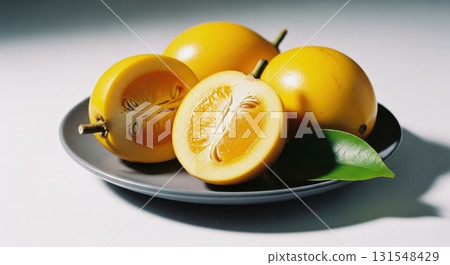 Ripe canistel fruits, some whole and one sliced open, showcasing vibrant yellow flesh on a plate Ripe canistel fruits, some whole and one sliced open, showcasing vibrant yellow flesh on a plate 131548429