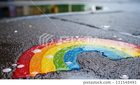 Colorful rainbow arching across glistening wet pavement, reflecting hope and positivity after rainfall with vivid, radiant hues Colorful rainbow arching across glistening wet pavement, reflecting hope and positivity after rainfall with vivid, radiant hues 131548491