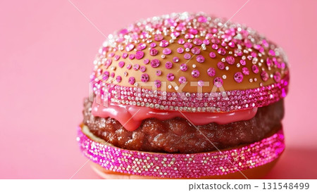 Glamorous burger decorated with rhinestones, glittering embellishments, pink sauce spinning on pastel background, highlighting gourmet culinary design Glamorous burger decorated with rhinestones, glittering embellishments, pink sauce spinning on pastel background, highlighting gourmet culinary design 131548499