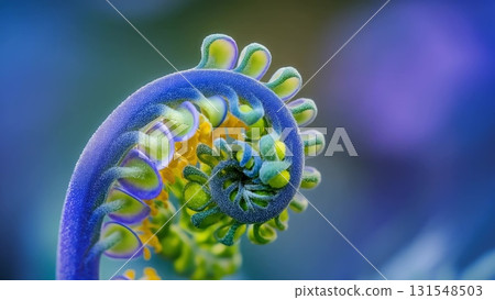 Close up green fern frond curling open, revealing delicate spiral pattern with vibrant blue green hues against soft focus natural backdrop 131548503