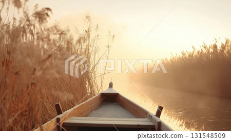 Wooden boat gliding through misty river waters, sunlight warming tall reeds during golden sunrise, capturing peaceful landscape tranquility 131548509