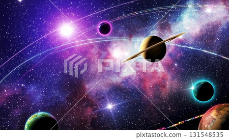 Colorful nebulae surrounding glowing stellar bodies, displaying intricate cosmic landscapes with swirling chromatic gradients and astronomical depth 131548535