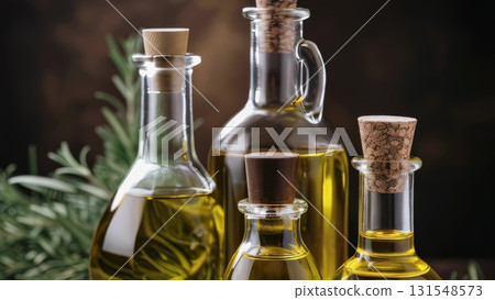 Glass olive oil bottles with cork stoppers lined up beside rosemary sprig, representing Mediterranean culinary traditions and wholesome ingredients 131548573