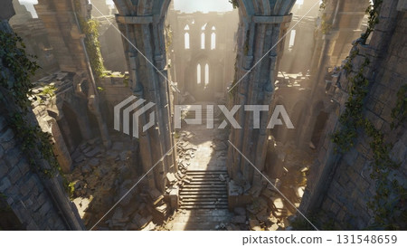 Dramatic sunlight revealing weathered gothic cathedral ruins, stone arches crumbling amid wild vegetation spreading across ancient architectural remnants 131548659