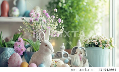 Ceramic Easter bunny surrounded by pastel eggs, spring blossoms decorating rustic wooden table, capturing festive seasonal home atmosphere Ceramic Easter bunny surrounded by pastel eggs, spring blossoms decorating rustic wooden table, capturing festive seasonal home atmosphere 131548664