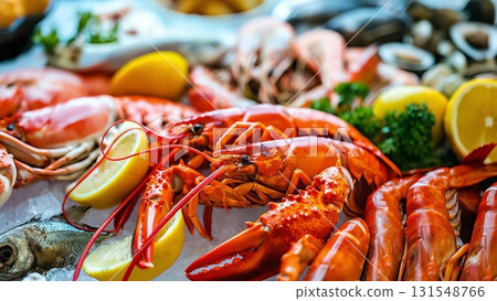 Gourmet seafood arrangement featuring golden lobster, succulent prawns, delicate fish on crisp ice, accented with zesty lemon and vibrant parsley 131548766